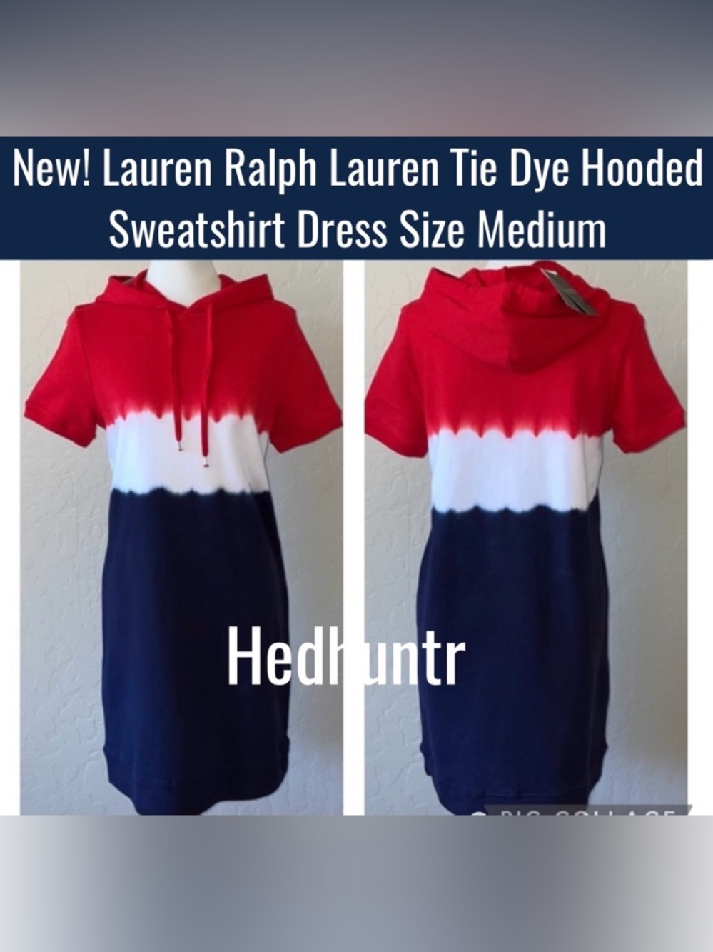 New! Lauren Ralph Lauren Tie Dye Hooded Sweatshirt Dress Red/Blue❤️🤍Size M